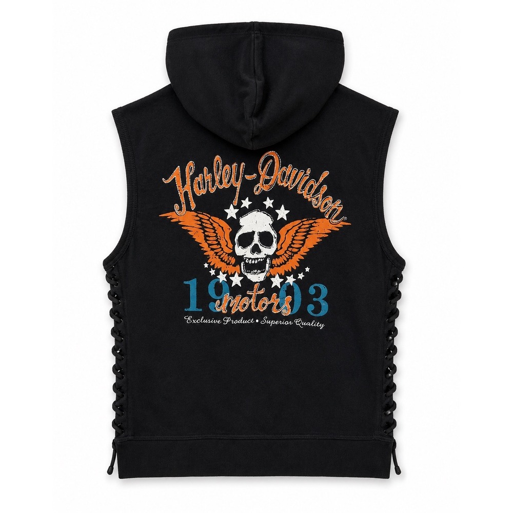 Harley-Davidson Black Willie G Skull Lace Up Side Sleeveless Hoodie Vest L - Picture 2 of 3